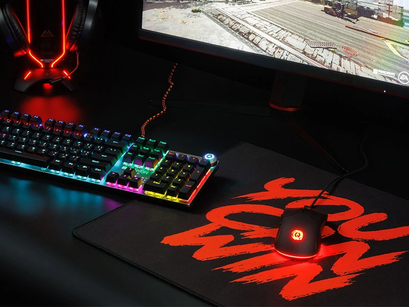 Na biurku znajduje się klawiatura z podświetleniem RGB oraz czarna mysz z czerwonym podświetleniem. Pod myszką leży podkładka z dużym czerwonym napisem \'YOU WIN\'.