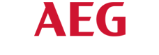 Logo AEG w kolorze czerwonym na białym tle.