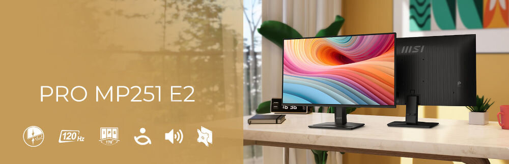 Monitor MSI Pro MP251 E2 24.5 cala 1920x1080px IPS 120Hz 1 ms [MPRT] prezentacja monitora od przodu i od tyłu na biurku