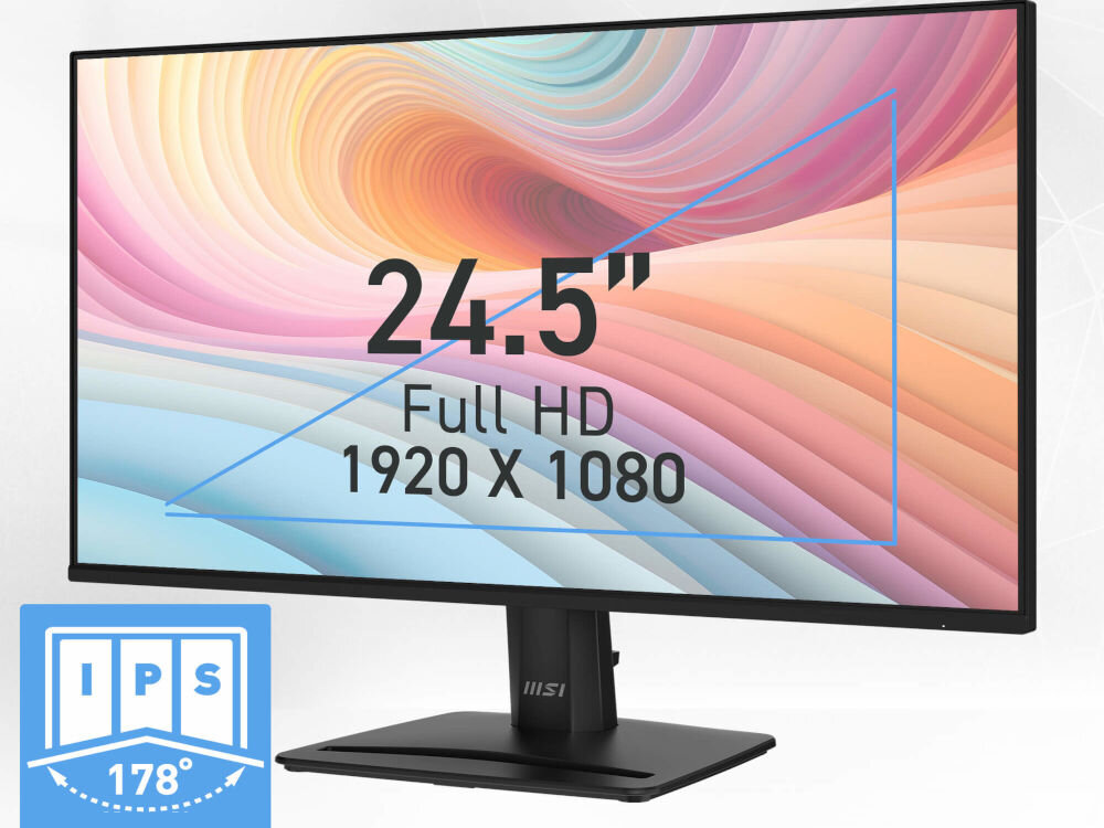 Monitor MSI Pro MP251 E2 24.5 cala 1920x1080px IPS 120Hz 1 ms [MPRT] prezentacja monitora na szarym tle od przodu pod kątem przekątna rozdzielczość Full HD wygodna praca szerokie kąty widzenia 178° stała jakość obrazu odwzorowanie kolorów komfort podczas pracy
