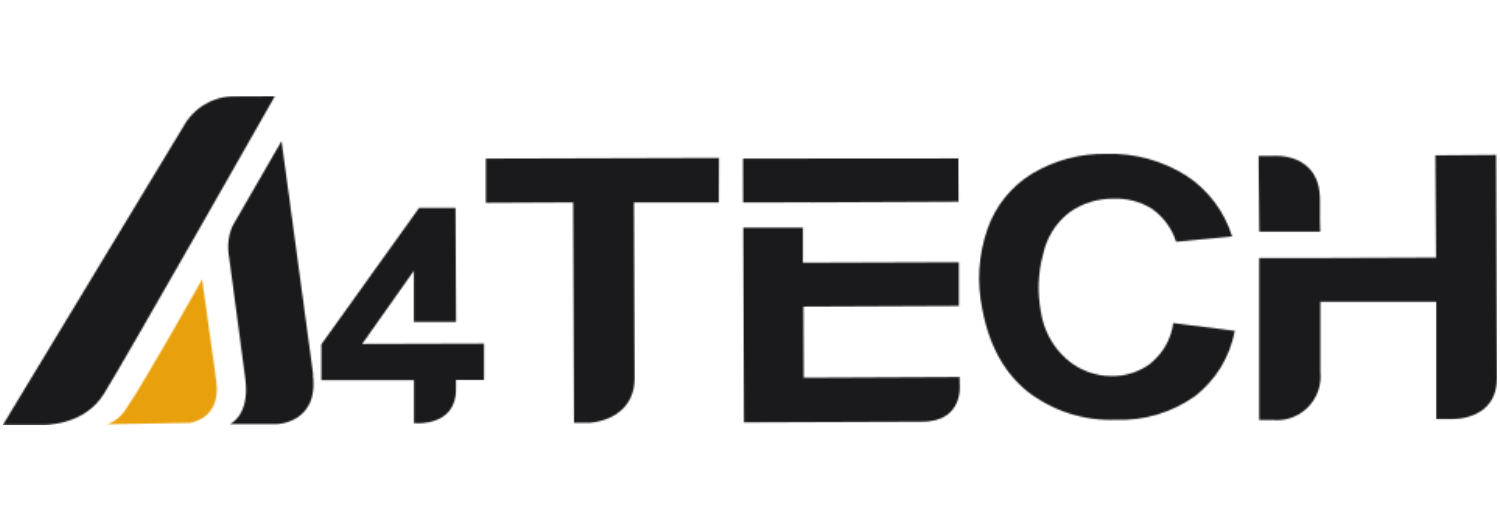 Logo A4TECH z literą \'A\' w kolorze czarnym z żółtym trójkątem oraz resztą nazwy w czarnym kolorze.