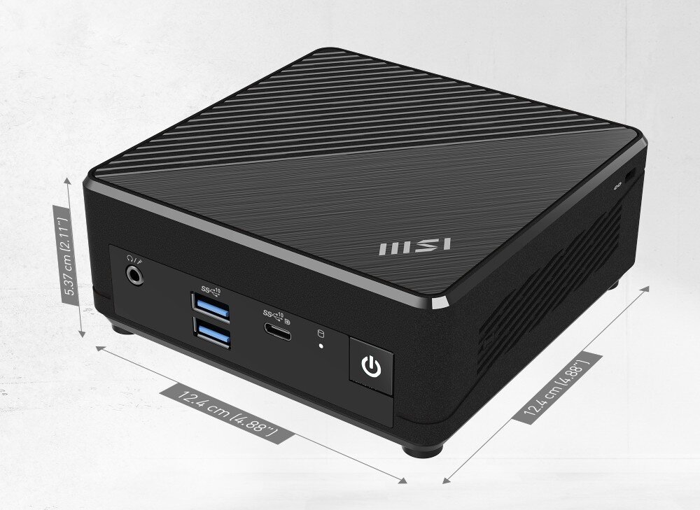 Komputer MSI Cubi N ADL-001BEU-RD Widok z bliska na komputer z zaznaczonymi wymiarami obudowy: szerokość 12,4 cm, głębokość 12,4 cm i wysokość 5,37 cm, obudowa, wielkość, procesor, pamięć, taktowanie