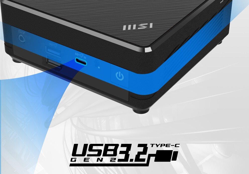Komputer MSI Cubi N ADL-001BEU-RD Fragment przedniego panelu z wyeksponowanym portem USB typu C oznaczonym jako USB 3.2 Gen 2, gniazda USB