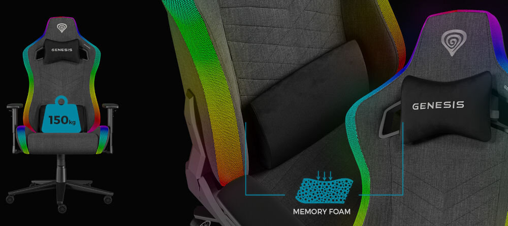 Fotel GENESIS Trit 660 RGB Szary obciążenie do 150 kg wizualizacji pianki memory w poduszkach solidna metalowa rama oddychająca tkanina komfort termiczny