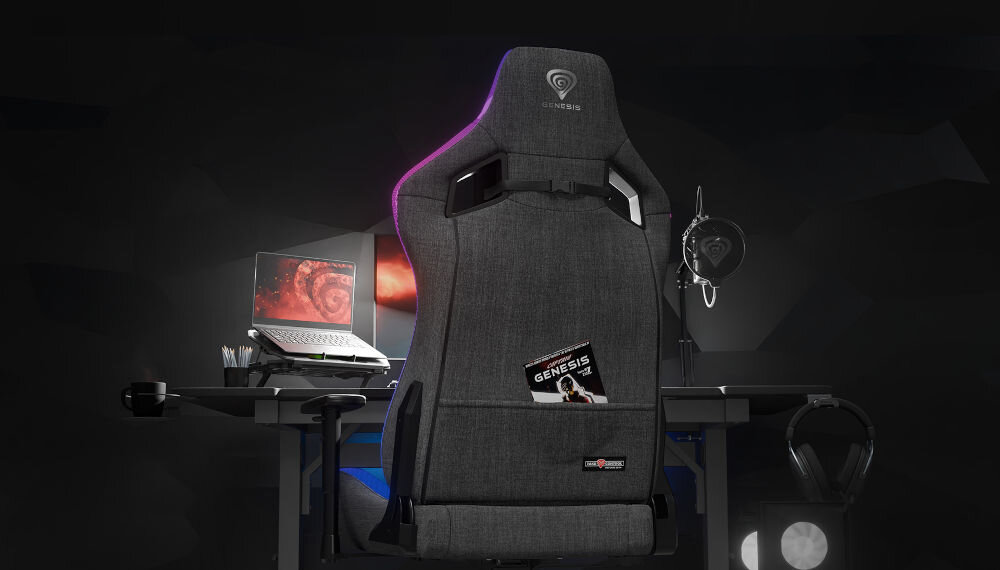 Fotel GENESIS Trit 660 RGB Szary kieszeń z tyłu fotela schowek na kable duże kółka 60 mm powłoka careglide ochrona przed zarysowaniem