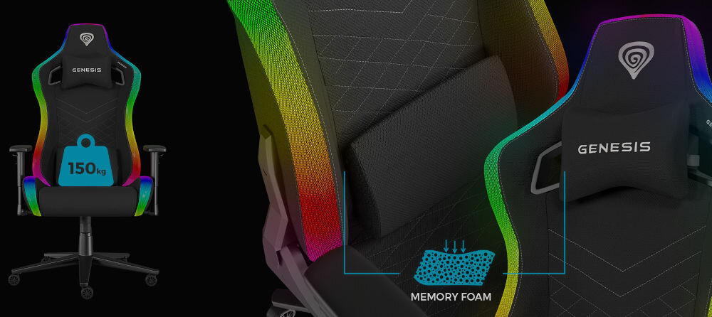 Fotel GENESIS Trit 660 RGB Czarny obciążenie do 150 kg wizualizacji pianki memory w poduszkach solidna metalowa rama oddychająca tkanina komfort termiczny