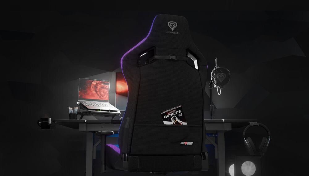 Fotel GENESIS Trit 660 RGB Czarny kieszeń z tyłu fotela schowek na kable duże kółka 60 mm powłoka careglide ochrona przed zarysowaniem