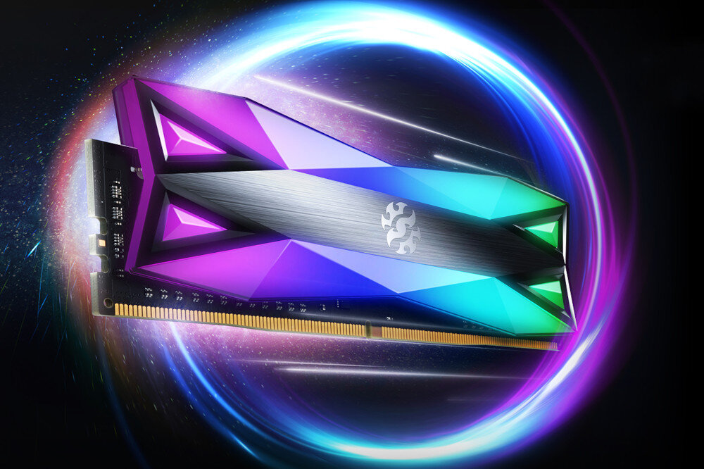 Komputer MAD DOG DIAXID605-A11DR16V2 Moduł pamięci RAM z podświetleniem RGB, ukazany w futurystycznej stylistyce z efektem świetlnym w tle, pamięć, taktowanie, opóźnienia, radiatory