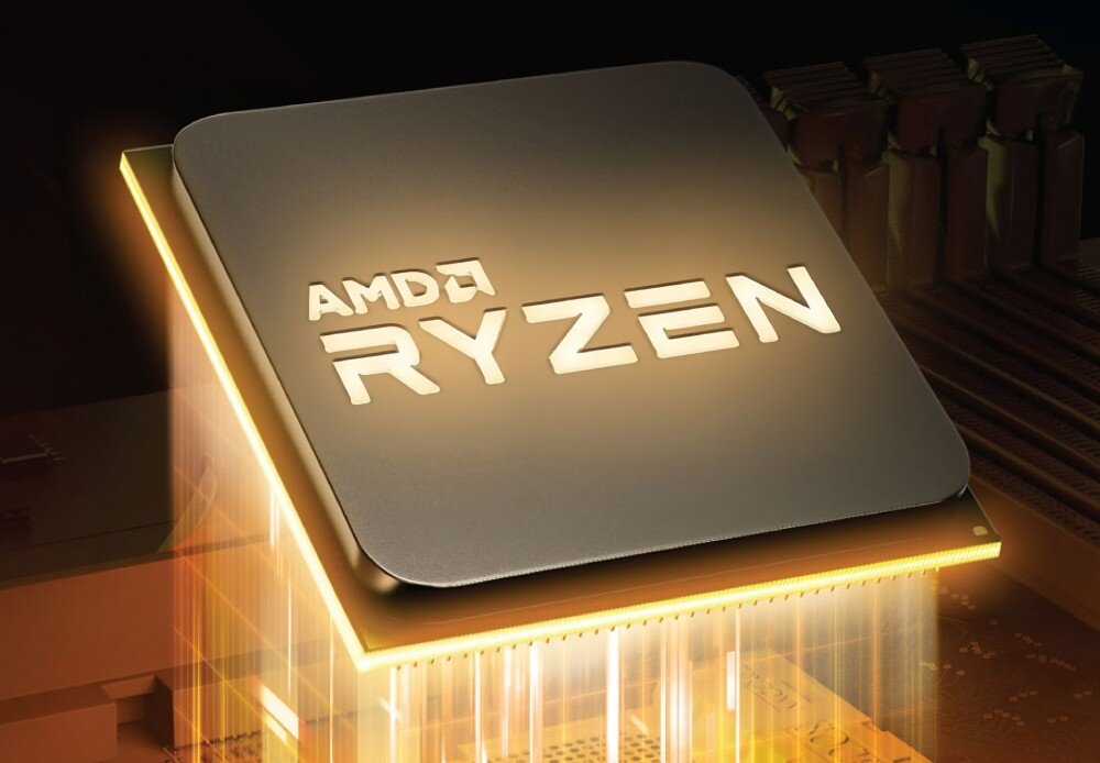 Komputer MAD DOG DIAXID605F-A11DB32V2 Procesor AMD Ryzen wyświetlony jako trójwymiarowy element z podświetleniem, unoszący się nad płytą główną, procesor, rdzenie, technologie