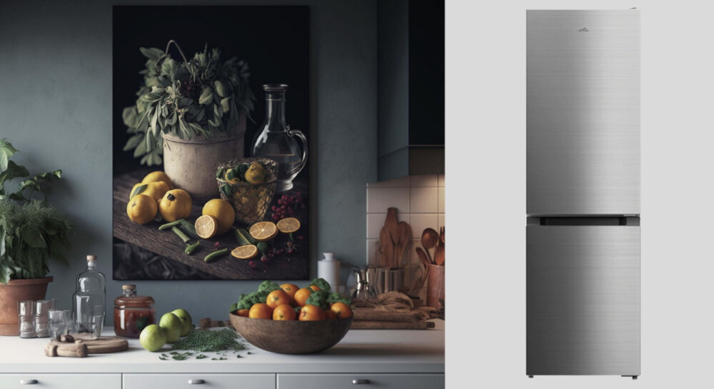 LODÓWKA ETA 275590010E wizualizacja dekoracja obraz ściana owoce warzywa słoiki kompaktowa do małej kuchni energooszczędna mała z zamrażarką do mieszkania do domku letniskowego inox ze stali nierdzewnej 115 l chłodziarka 69 l zamrażarka
