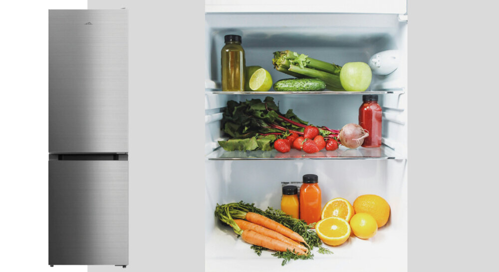 LODÓWKA ETA 275590010E wizualizacja wnętrze półki owoce warzywa szklane półki przezroczyste szuflady półki w drzwiach dobra widoczność łatwy dostęp zmiana kierunku drzwi dopasowanie do kuchni regulowane nóżki wypoziomowanie nierówne podłoże