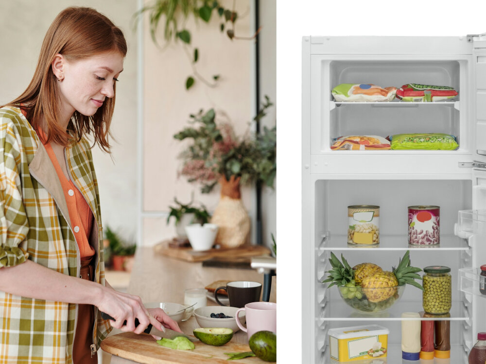 LODÓWKA ETA 253990000EN lifestyle kobieta warzywa lodówka otwarta pełna biała lodówka wolnostojąca lodówka do nowoczesnej kuchni kompaktowa lodówka design lodówki mała lodówka
