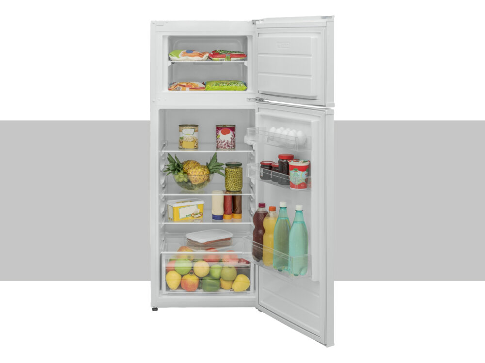 LODÓWKA ETA 253990000EN zdjęcie produktowe otwarta front pełna produkty spożywcze półki szuflady owoce warzywa butelki jajka lodówka klasa energetyczna E energooszczędna lodówka lodówka niskie zużycie energii czterogwiazdkowa zamrażarka wydajna lodówka mrożenie żywności bezpieczne przechowywanie