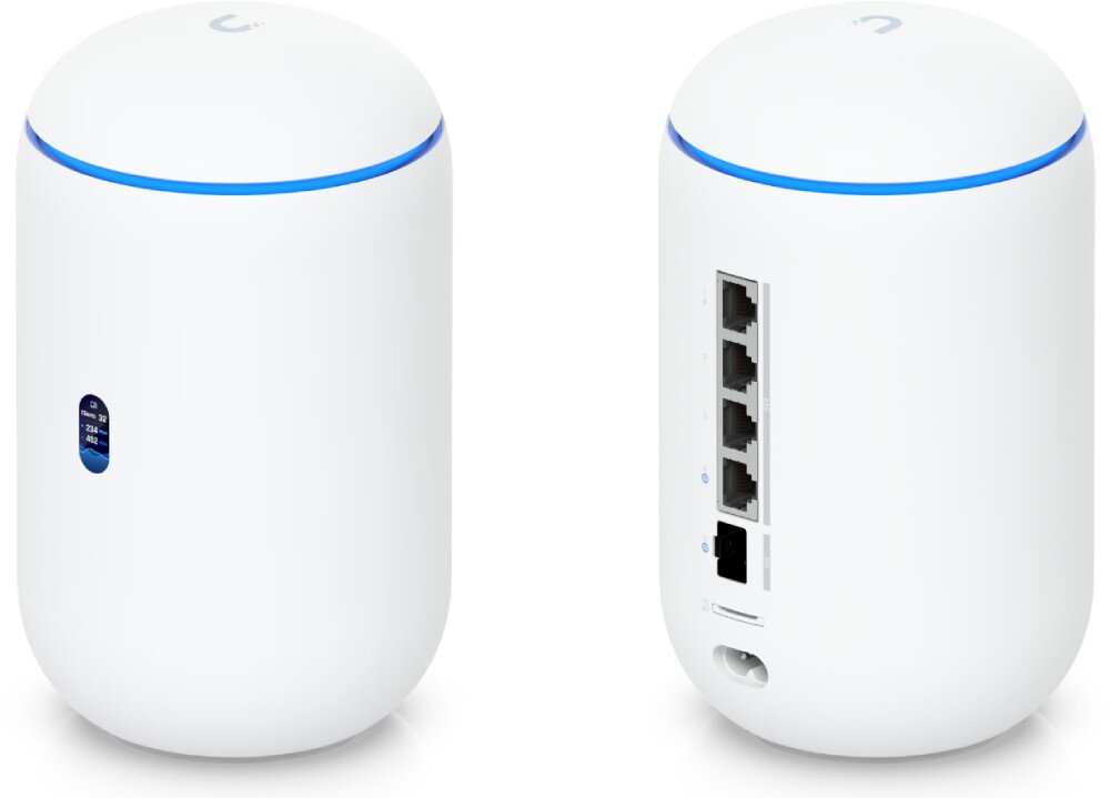 Router UBIQUITI UniFi Dream 7 (UDR7) Biały cylindryczny router zaprezentowany z przodu z ekranem informacyjnym oraz z tyłu z panelem złącz