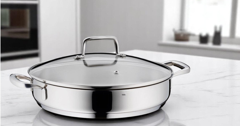 Patelnia KELA Flavoria KE-10186 28 cm zdjęcie lifestyle kuchnia blat patelnia pokrywka kuchenki gazowe elektryczne ceramiczne indukcyjne do piekarnika 220 220°C z pokrywą 180°C gotowanie zapiekanie