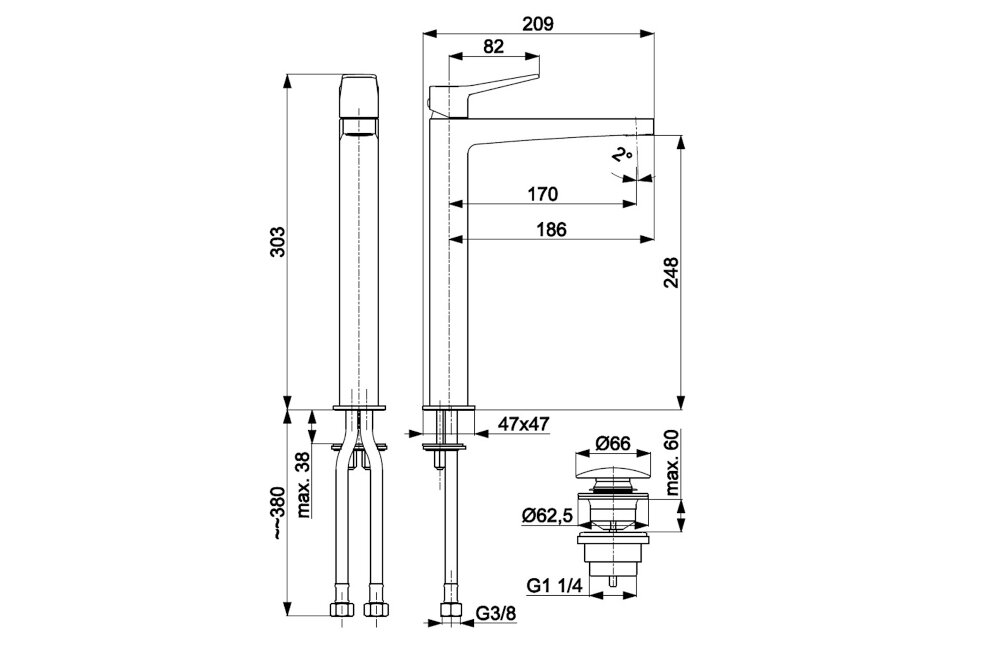 BATERIA UMYWALKOWA KFA ARMATURA MALAGA Rysunek techniczny baterii umywalkowej z oznaczonymi wymiarami i schematem montażowym bateria nablatowa spust klik-klak komplet mocujący przyłącza elastyczne