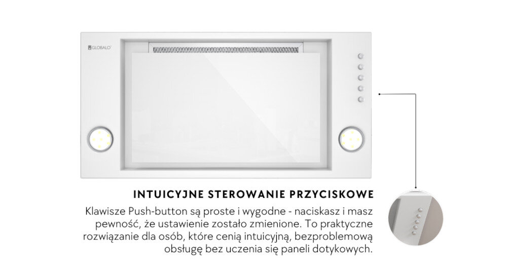 Okap GLOBALO Desolero 90.2 Biały Grafika przedstawia okap kuchenny z intuicyjnym sterowaniem przyciskowym typu push-button, podkreślającym prostą i wygodną obsługę urządzenia klawisze push button trzy poziomy wydajności intuicyjna obsługa wygodne sterowanie pełna kontrola