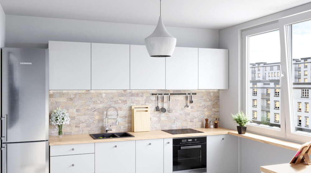 Okap GLOBALO Desolero 90.2 Biały Jasna kuchnia z dużym oknem, drewnianym blatem, piekarnikiem do zabudowy i lodówką w stalowym wykończeniu ciche urządzenie komfortowa praca w kuchni niskie dźwięki hałas do 66 dB wygodne gotowanie