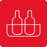 Czerwona ikona z białym konturem dwóch butelek umieszczonych w prostokątnym pojemniku.