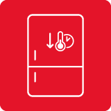 Ikona przedstawia białą lodówkę na czerwonym tle z symbolami termometru i zegara.