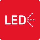 Czerwona ikona z białym napisem \'LED\' oraz stylizowanym symbolem światła po prawej stronie.