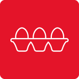 Czerwona ikona z białym konturem trzech jajek w wytłoczce.