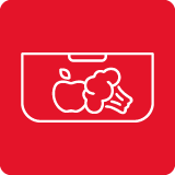 Czerwona ikona z białym konturem przedstawiającym jabłko i brokuł w pojemniku.