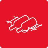 Czerwona ikona z białym konturem dwóch butelek leżących poziomo, jedna nad drugą.