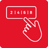 Czerwona ikona z białym symbolem dłoni wskazującej na prostokąt z cyframi 2, 1, 4, 6, 1, 8.