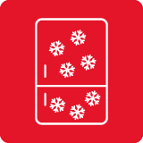 Czerwona ikona przedstawiająca białą lodówkę z płatkami śniegu na drzwiach, symbolizującymi funkcję No Frost.