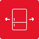 Czerwona ikona przedstawiająca białą lodówkę z dwiema strzałkami po bokach wskazującymi na zewnątrz.