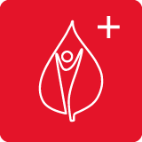 Czerwony kwadrat z białym konturem liścia, wewnątrz którego znajduje się stylizowana postać. W prawym górnym rogu widoczny jest biały znak plus.