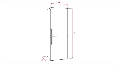 Schemat lodówki z oznaczeniami wymiarów A, B i C oraz dwoma uchwytami na drzwiach.