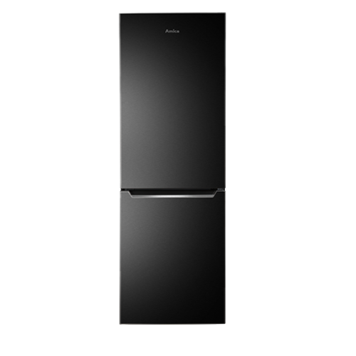 Czarna lodówka z dwoma drzwiami, na górze widoczne logo \'Amica\'.