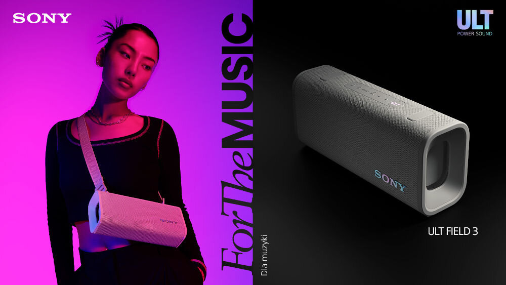 Głośnik mobilny SONY ULT Field 3 grafika podzielona napisem for the music po lewej osoba z głośnikiem na pasku na ramieniu po prawej głośnik na czarnym tle