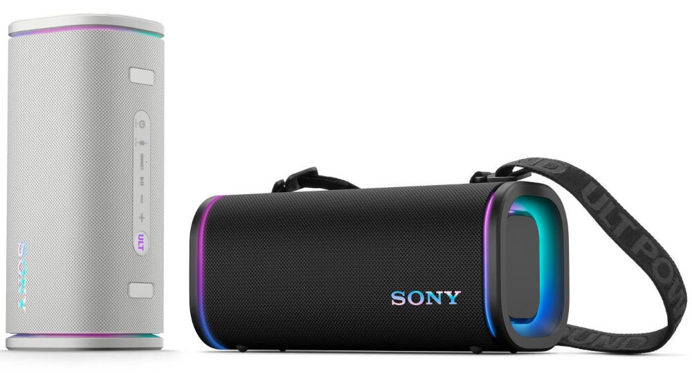 Głośnik mobilny SONY ULT Field 5 czarny i biały głośnik na białym tle obsługa przez panel sterowania przez aplikację łączenie głośników dźwięk stereo do 100 zgodnych głośników Sony przez Bluetooth®