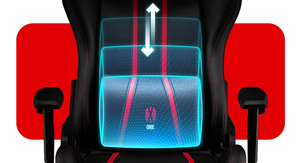 DIABLO CHAIRS X-One 2.0 Small prawidłowej pozycji Wyprofilowana poduszka lędźwiowa X-One 2.0 zagłówek dolnego odcinka kręgosłupa - zbliżenie na poduszke lędźwiową