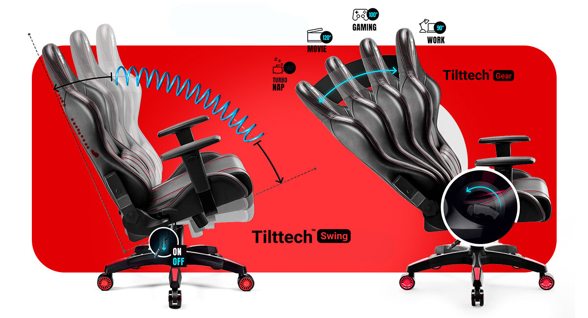 DIABLO CHAIRS X-One 2.0 Small indywidualnemu dopasowaniu wysokości fotela Tilttech™ Swing bezpieczne bujanie Tilttech™ Gear rozłożenie oparcia fotela zablokowanie - fotel od boku funkcja bujania