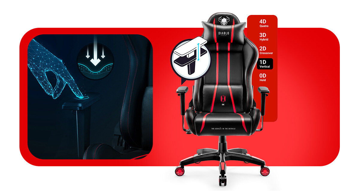 DIABLO CHAIRS X-One 2.0 Small Wyprofilowane i miękkie podłokietniki regulacją w płaszczyźnie góra-dół przedramiona i barki - fotel od przodu, funkcja podłokietników