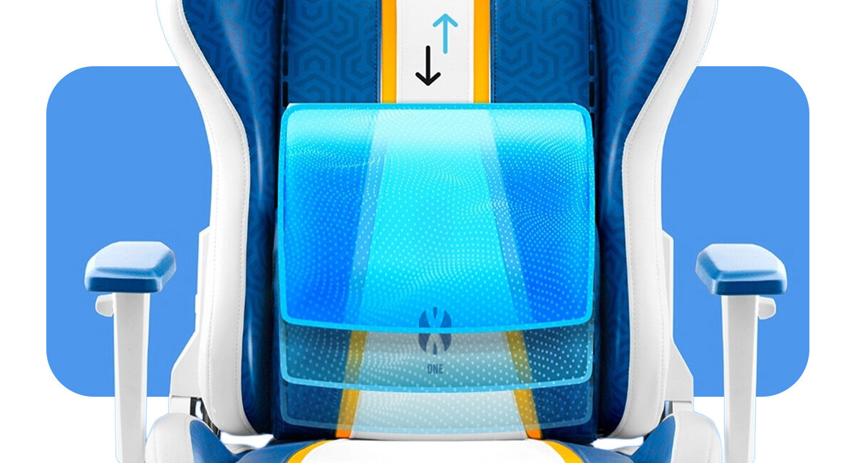 DIABLO CHAIRS X-One 2.0 Small prawidłowej pozycji Wyprofilowana poduszka lędźwiowa X-One 2.0 zagłówek dolnego odcinka kręgosłupa - zbliżenie na poduszke lędźwiową