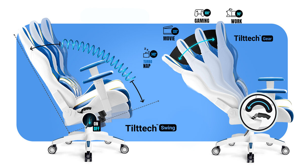 DIABLO CHAIRS X-One 2.0 Small indywidualnemu dopasowaniu wysokości fotela Tilttech™ Swing bezpieczne bujanie Tilttech™ Gear rozłożenie oparcia fotela zablokowanie - fotel od boku funkcja bujania