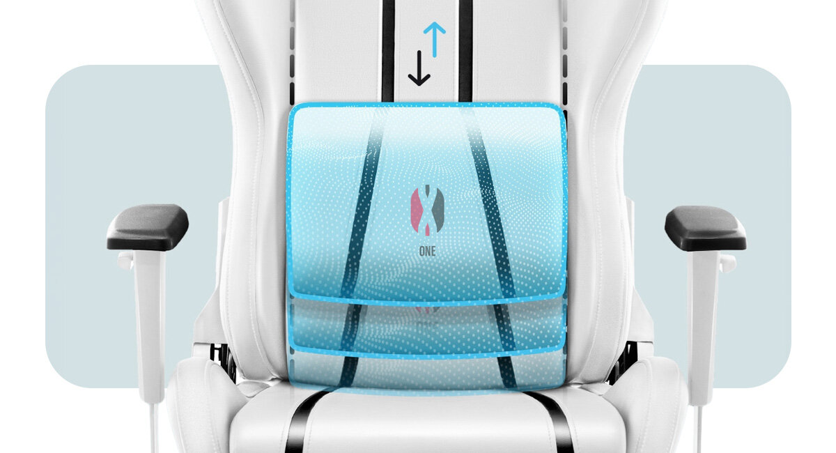 DIABLO CHAIRS X-One 2.0 Small prawidłowej pozycji Wyprofilowana poduszka lędźwiowa X-One 2.0 zagłówek dolnego odcinka kręgosłupa - zbliżenie na poduszke lędźwiową