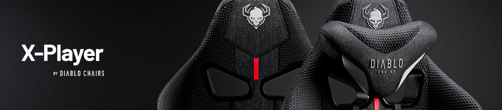 Fotel DIABLO CHAIRS X-Player 2.0 (S) Biało-czarny prezentacja fotela na ciemnym tle od przodu z napisem modelu i marki