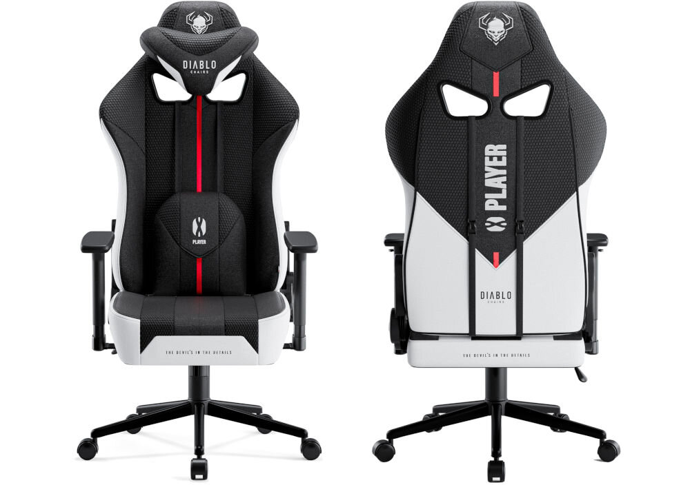 Fotel DIABLO CHAIRS X-Player 2.0 (S) Biało-czarny prezentacja fotela od przodu i od tyłu na białym tle komfort bezpieczeństwo regulacje ergonomia postawa