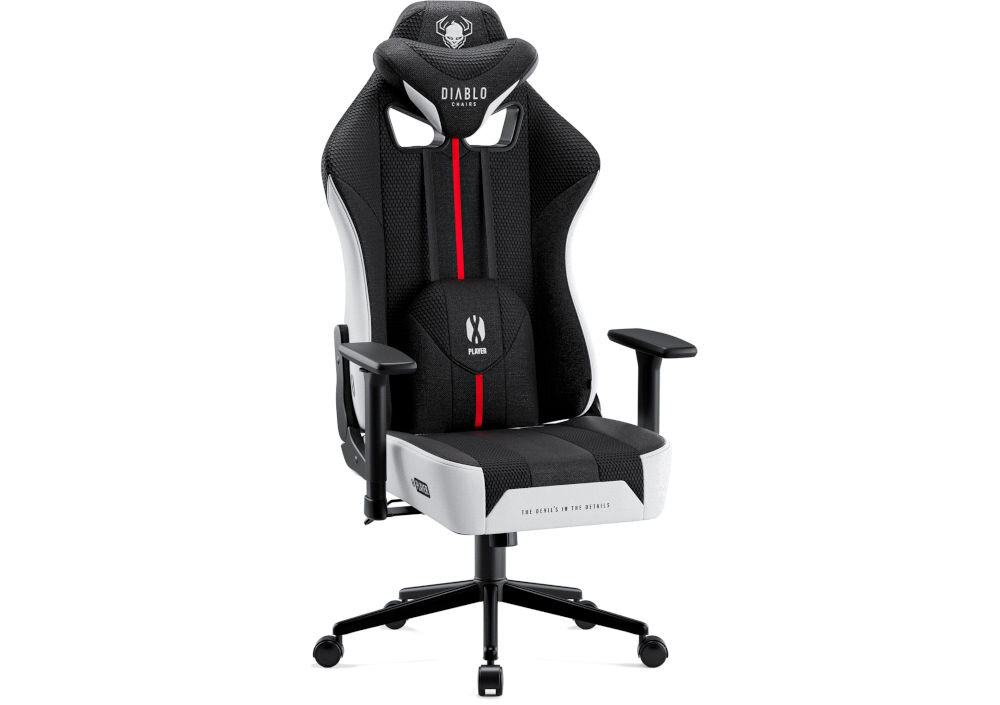 Fotel DIABLO CHAIRS X-Player 2.0 (S) Biało-czarny prezentacja fotela od przodu pod kątem na białym tle dopasowany do wzrostu od 125 do 155 cm komfort ergonomia właściwe podparcie prawidłowa postawa