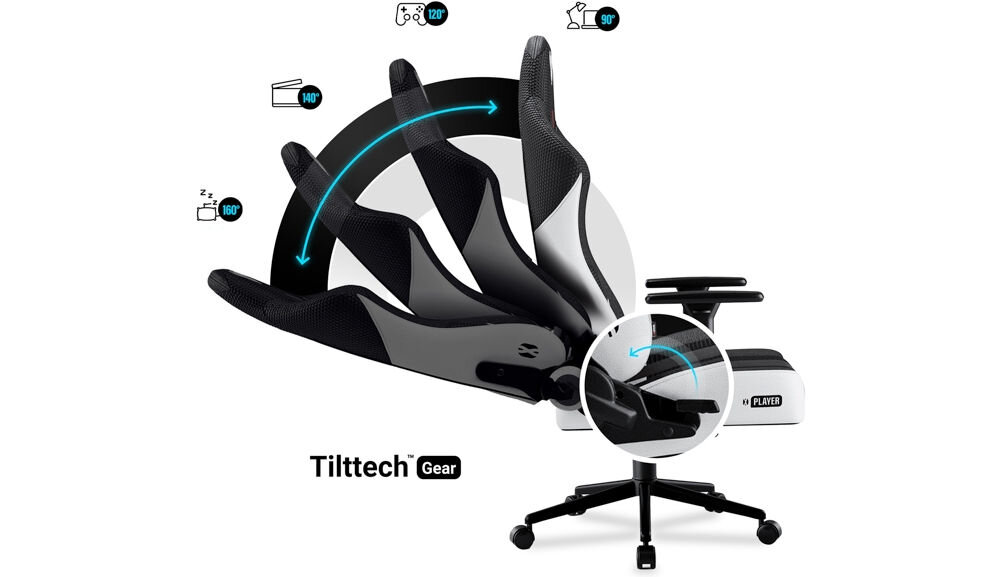 Fotel DIABLO CHAIRS X-Player 2.0 (S) Biało-czarny prezentacja możliwego wychylenia oparcia na białym tle ikonki z czynnościami mechanizm Tilttech Gear regulacja oparcia