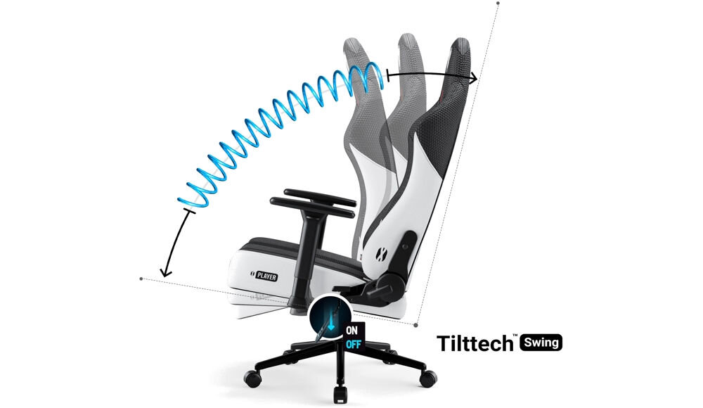 Fotel DIABLO CHAIRS X-Player 2.0 (S) Biało-czarny prezentacja możliwości bujania na białym tle funkcja bujania Tilttech Swing relaks