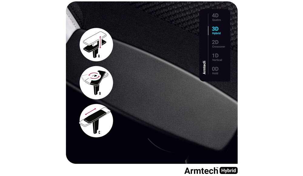 Fotel DIABLO CHAIRS X-Player 2.0 (S) Biało-czarny zbliżenie na podłokietnik fotela z ikonami możliwej regulacji Armtech Hybrid podłokietniki regulacja 3D komfort