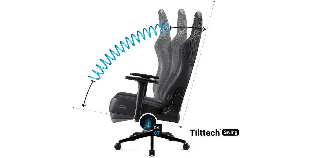 Fotel DIABLO CHAIRS X-Player 2.0 (S) Czarny prezentacja możliwości bujania na białym tle funkcja bujania Tilttech Swing relaks