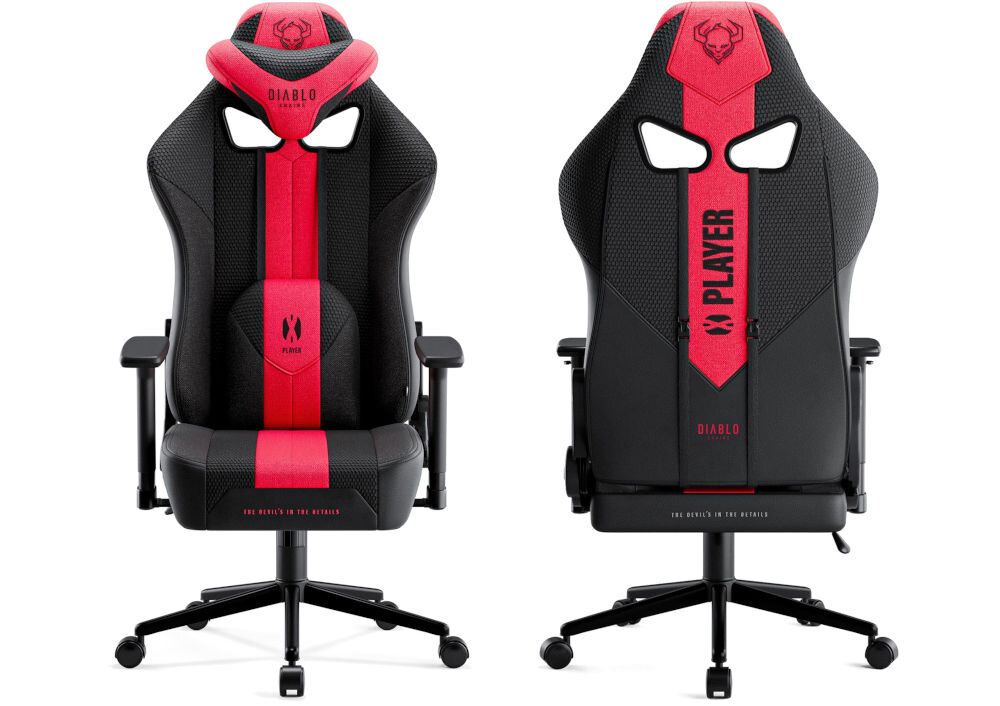 Fotel DIABLO CHAIRS X-Player 2.0 (S) Karmazynowo-antracytowy prezentacja fotela od przodu i od tyłu na białym tle komfort bezpieczeństwo regulacje ergonomia postawa